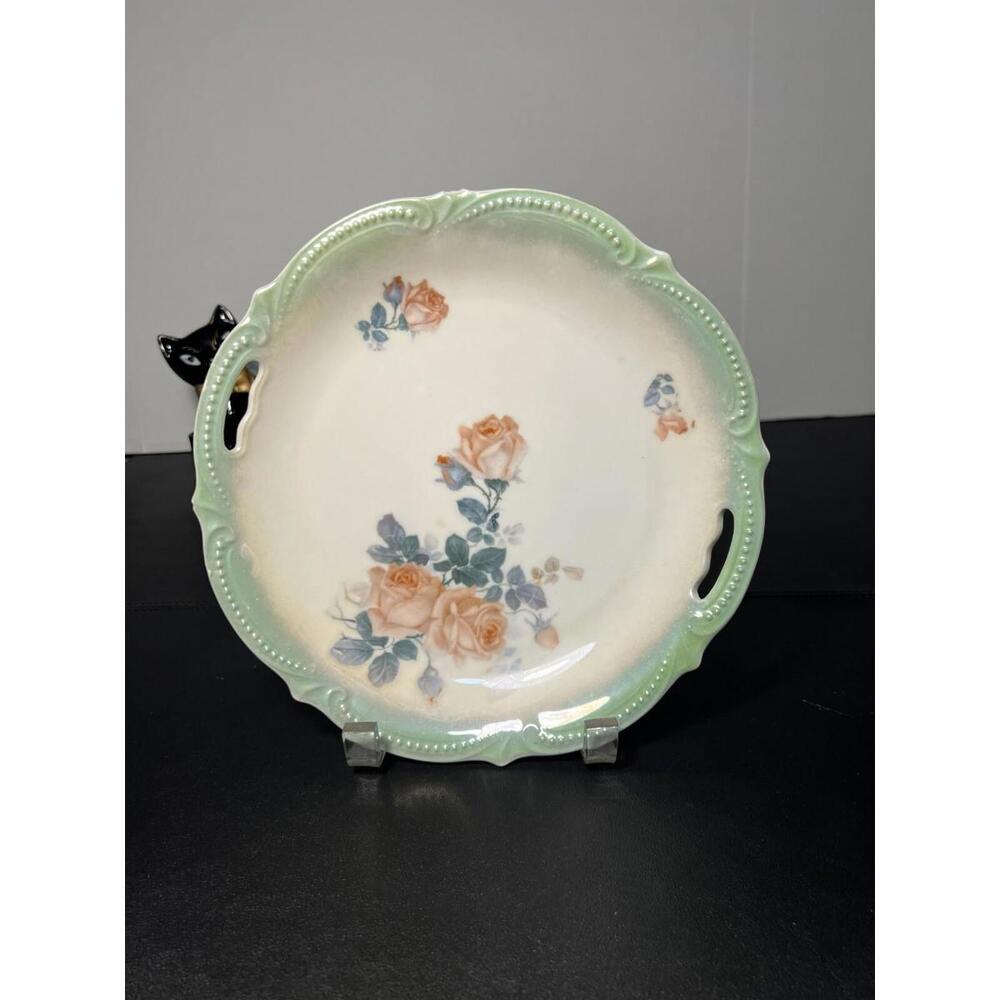 P.K. Silesia Antique 1920s Green Rose Floral Porcelain Round Plate Handles 9.5"